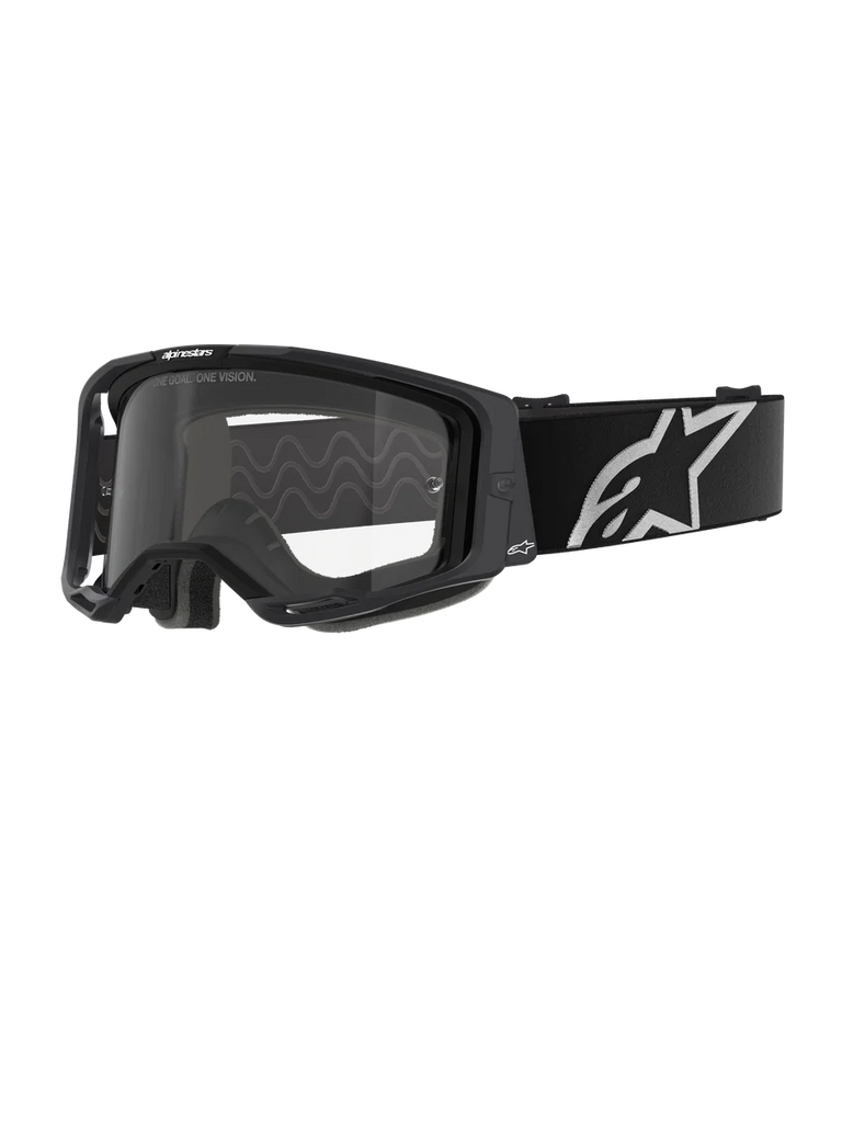 Alpinestars Vision 8 Corp Goggles, Motocross Goggles, Black frame with Clear lens, wide black adjustable strap with prominent white Alpinestars star logo, visible 3D molded face foam, professional off-road racing eye protection