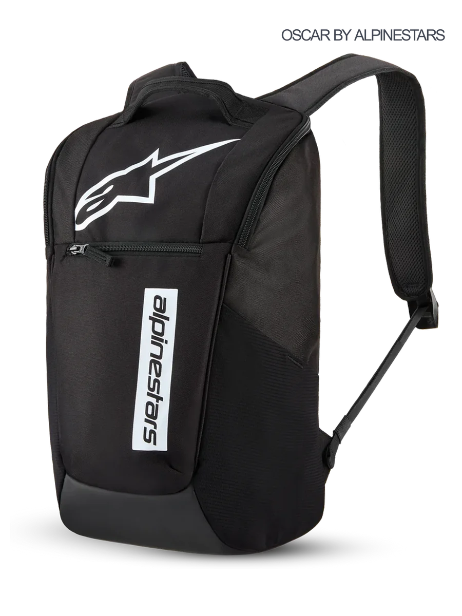 Alpinestars Defcon V3 Backpack, 13.6L Sportswear Daily Backpack in Black and White, featuring printed Astars logo and branding, front zippered pocket, and padded shoulder straps.