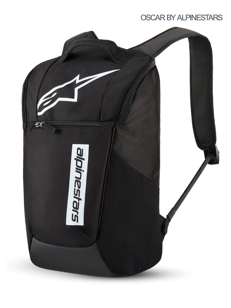 Alpinestars Defcon V3 Backpack, 13.6L Sportswear Daily Backpack in Black and White, featuring printed Astars logo and branding, front zippered pocket, and padded shoulder straps.