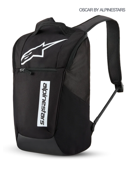 Alpinestars Defcon V3 Backpack, 13.6L Sportswear Daily Backpack in Black and White, featuring printed Astars logo and branding, front zippered pocket, and padded shoulder straps.