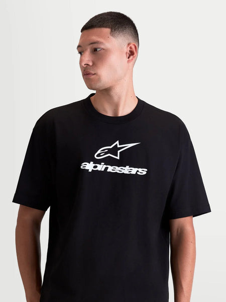 Alpinestars Prelude Oversized CSF Tee, Men's Sportswear Short Sleeve T-Shirt, Black and White, soft cotton-poly blend, featuring front Astars stacked logo and branding in a relaxed, oversized fit.