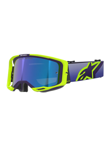 Alpinestars Vision 8 Corp Goggles, Motocross Goggles, Purple and Yellow Fluo frame with Mirror Blue tinted lens, featuring a wide purple strap and bold yellow Alpinestars logo, high-performance eyewear for off-road racing