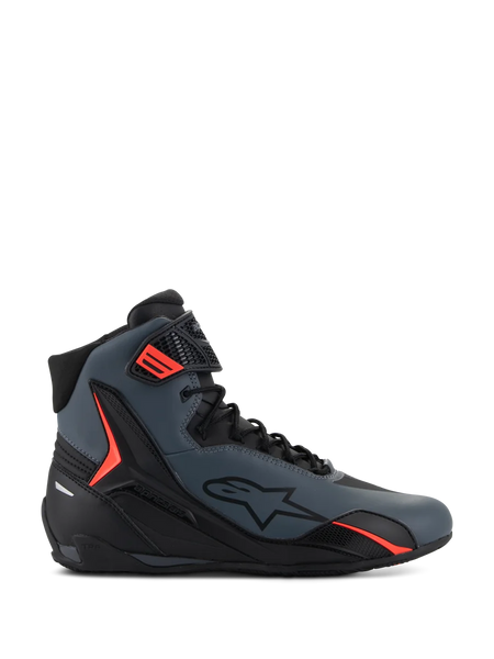 Alpinestars Faster-4 Shoes, high-top motorcycle riding shoes, dark gray and black with vibrant red accents, featuring a sleek microfiber upper, lateral star logo, and a secure lace-up system with an adjustable ankle strap.