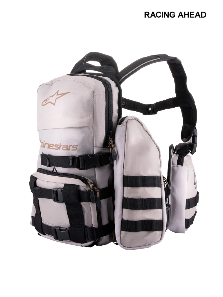 Alpinestars Techdura Tactical Pack, Off-Road and Enduro Backpack, Warm Gray and Black, modular design with detachable pouches, featuring MOLLE webbing and adjustable black straps, durable construction for carrying trail essentials