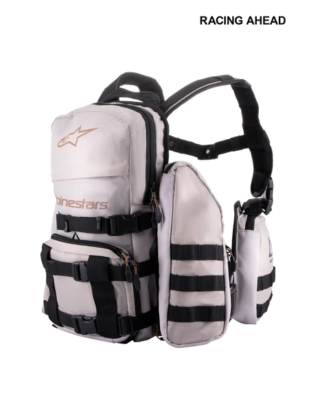 Alpinestars Techdura Tactical Pack, Off-Road and Enduro Backpack, Warm Gray and Black, modular design with detachable pouches, featuring MOLLE webbing and adjustable black straps, durable construction for carrying trail essentials