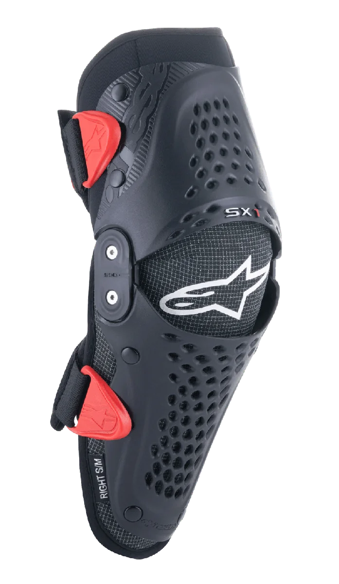 Alpinestars Youth SX-1 Knee Protectors, Motocross Knee Guards, Black and Red, featuring perforated ventilation holes, dual-pivot hinge system, adjustable straps with red buckles, white star logo, youth off-road motorcycle protection