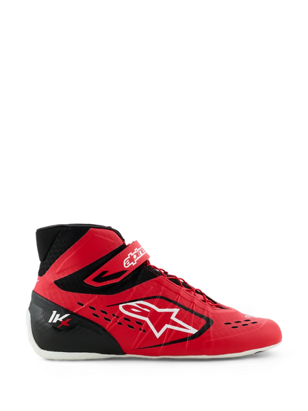 Alpinestars Tech-1 KX V3 Karting Shoes, Red and Black, side profile view with large white Alpinestars logo, asymmetric lacing system, velcro ankle strap, and lightweight seamless design for motorsport performance