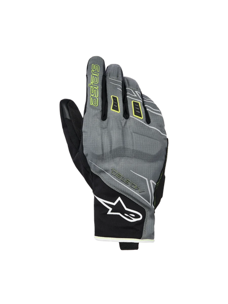 Alpinestars Moblast Waterproof Gloves, Motorcycle Gloves, Fur Gray and Black with Sulphur Yellow accents, short-cuff urban design, white Astar logo on the wrist, neon yellow branding on the index finger, waterproof Drystar performance for mid-season commuting.