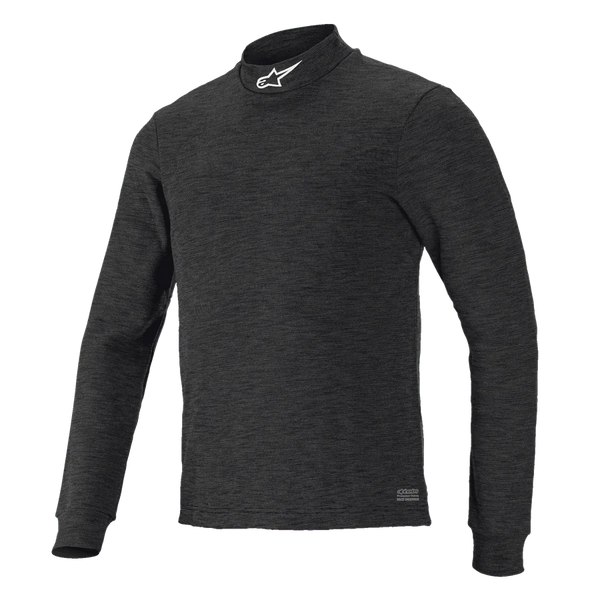 Alpinestars Race V3 Long Sleeve Top, Black textured base layer, high mock-neck collar with white logo, fitted design, flame-resistant motorsports performance wear