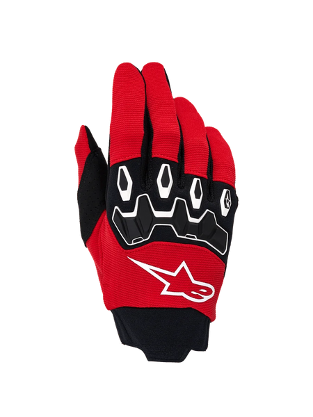Alpinestars Full Bore V2 Gloves, Motocross Gloves, Bright Red and Black, featuring a white star logo on the backhand, ergonomic TPR knuckle protectors with white highlights, and breathable stretch fabric for off-road performance
