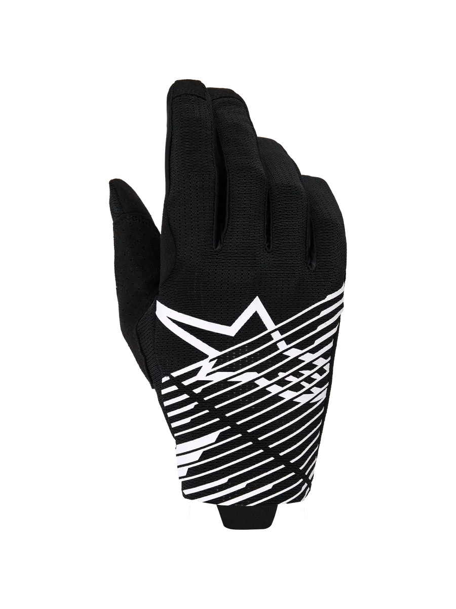 Alpinestars 2026 Radar Pro Gloves, Motocross Gloves, Black and White, featuring a white star logo and diagonal line graphic on the backhand, breathable mesh material with perforated details, performance off-road styling