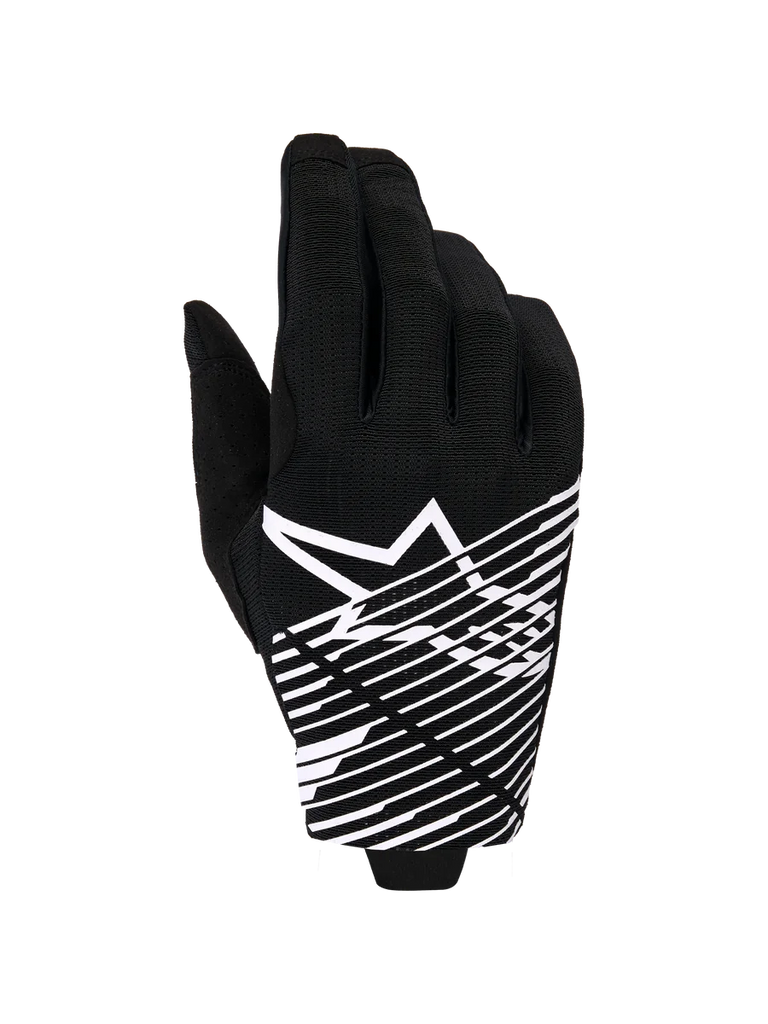 Alpinestars 2026 Radar Pro Gloves, Motocross Gloves, Black and White, featuring a white star logo and diagonal line graphic on the backhand, breathable mesh material with perforated details, performance off-road styling