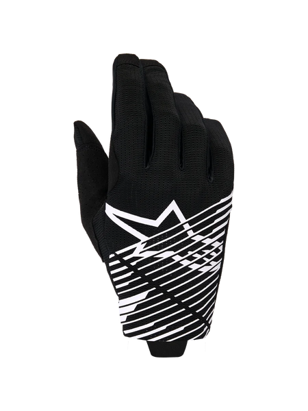 Alpinestars 2026 Radar Pro Gloves, Motocross Gloves, Black and White, featuring a white star logo and diagonal line graphic on the backhand, breathable mesh material with perforated details, performance off-road styling