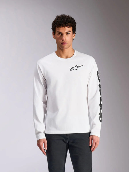 Alpinestars Trackside CSF Tee, Long Sleeve T-Shirt, White, Black Alpinestars chest logo and sleeve branding, casual motorsport streetwear, front view