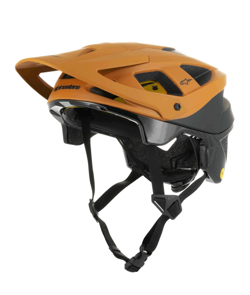 Alpinestars Vector Tech Zeal Helmet, MTB Mountain Biking Helmet, Orange and Black with yellow Mips logo, featuring a large front visor, multiple ventilation ports, and an adjustable chin strap, designed for off-road trail protection