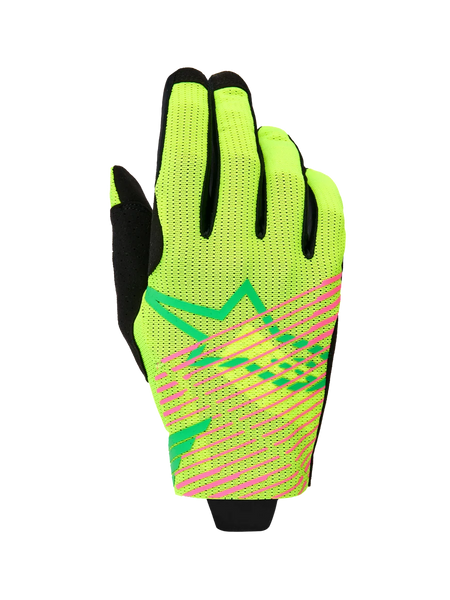 Alpinestars 2026 Radar Pro Gloves, Motocross Gloves, Green Yellow Fluo and Pink Fluo, single-layer mesh construction with vibrant pink diagonal stripes and green geometric star logo, lightweight off-road racing gear