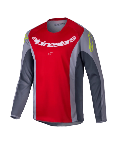 Alpinestars 2025 Youth Racer Melt Jersey, Motocross Jersey, Bright Red and Gray, featuring a large white logo on the chest and neon yellow accents on the shoulders, long-sleeve technical fabric for off-road riding