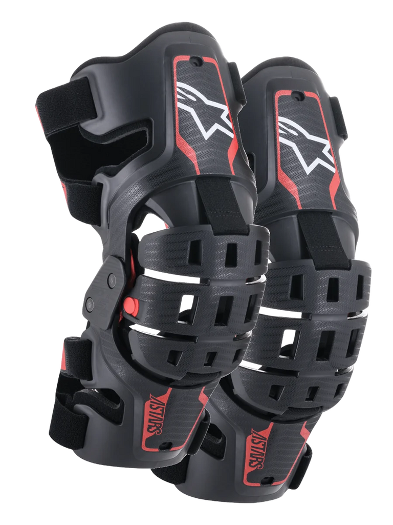 Alpinestars Youth Bionic 5S Knee Braces, Motocross Knee Protection, Black and Red, pair of protectors featuring a hybrid frame design with ventilated shells, white Astar logo on the upper section, red ASTARS branding on the lower section, and adjustable black straps for a secure fit.