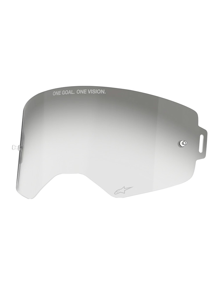 Alpinestars Supertech Photochromic Lens, grey motocross goggle replacement with anti-fog coating and tear-off posts.