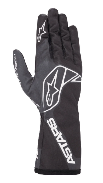 Alpinestars Tech-1 K Race V2 One Vision Gloves, Karting Racing Gloves, Black and Tar Gray, featuring white star logo on the back and finger, ASTARS branding on the cuff, sleek design with long gauntlet cuff