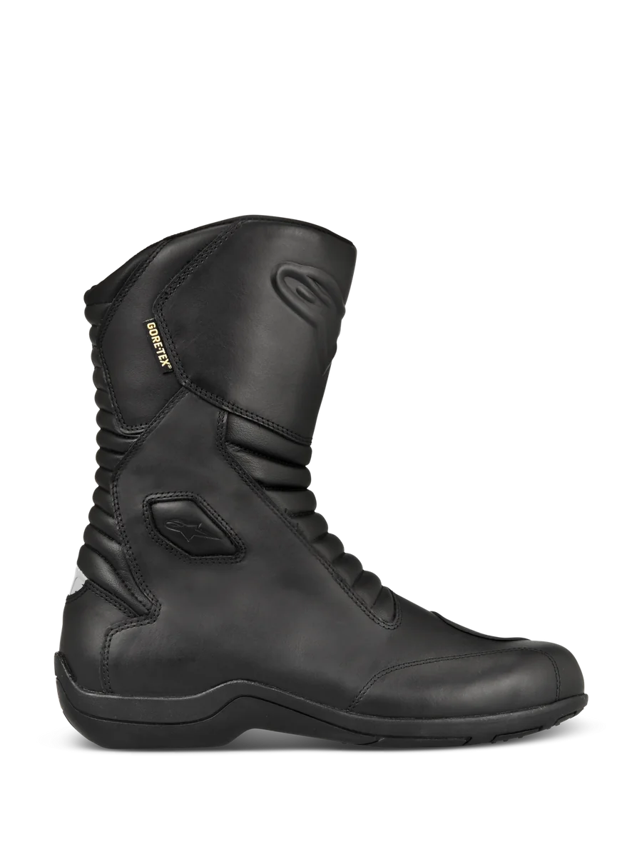 Alpinestars Web GORE-TEX Boots, Black Leather Motorcycle Touring Boots, side profile view, waterproof GORE-TEX lining, reinforced ankle and toe protection, front and back accordion flex panels, durable rubber sole, sleek all-weather road gear