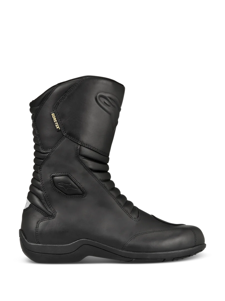 Alpinestars Web GORE-TEX Boots, Black Leather Motorcycle Touring Boots, side profile view, waterproof GORE-TEX lining, reinforced ankle and toe protection, front and back accordion flex panels, durable rubber sole, sleek all-weather road gear