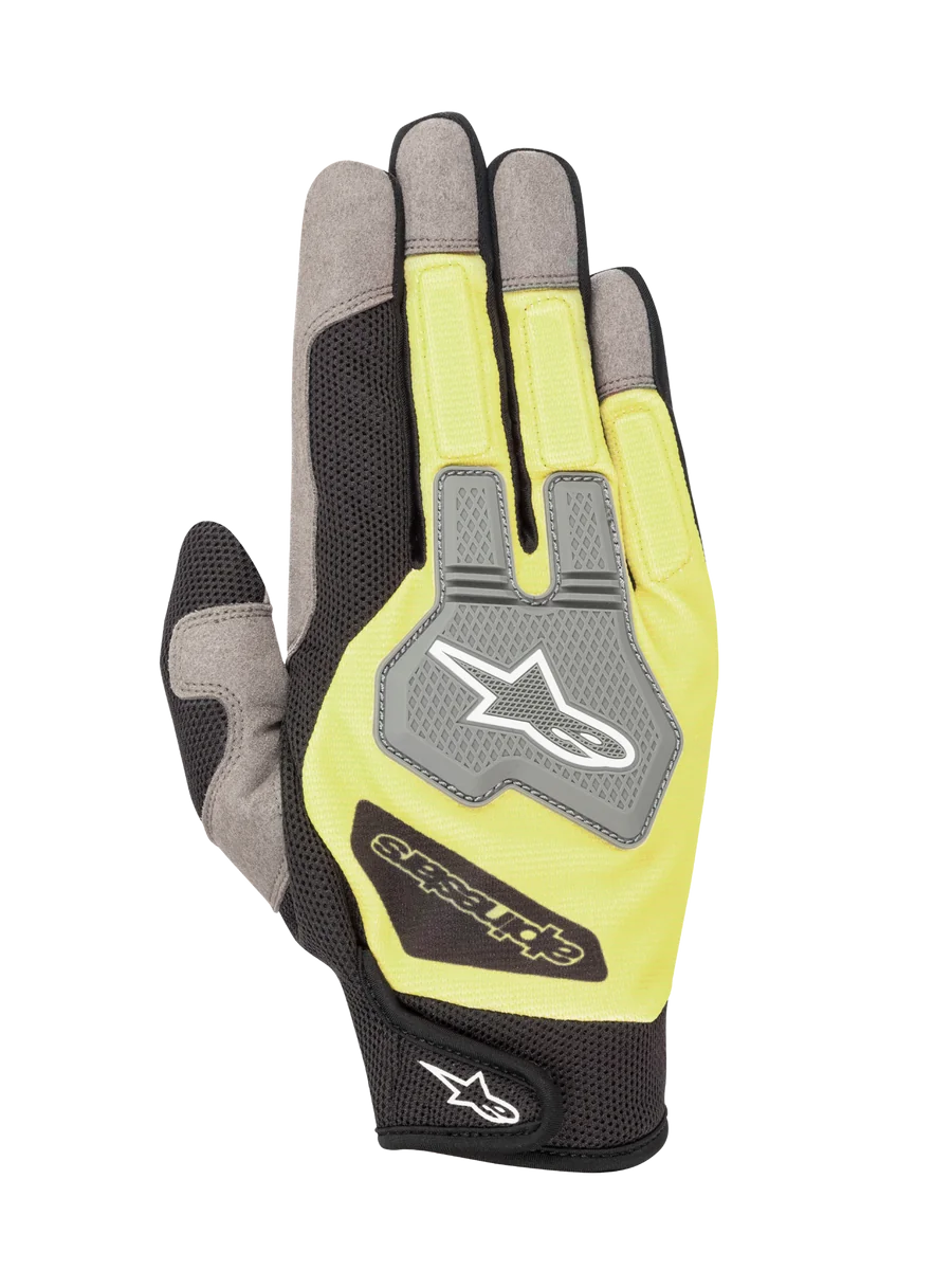 Alpinestars Engine Gloves, Karting and Mechanics Gloves, Black and Fluorescent Yellow, backhand view featuring grey mesh panels and a TPR knuckle guard with Alpinestars logo, lightweight and breathable multi-material construction