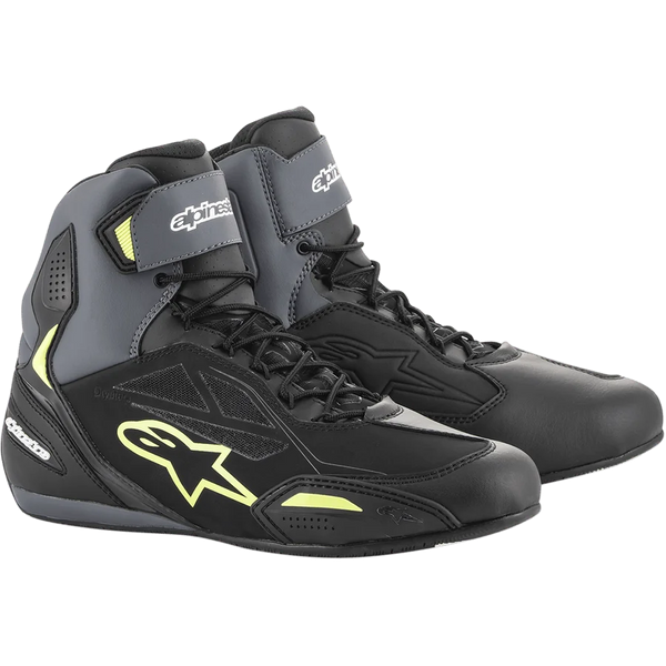 Alpinestars Faster-3 Drystar® Riding Shoes, waterproof motorcycle road boots for men, Black Gray and Yellow Fluo microfiber.