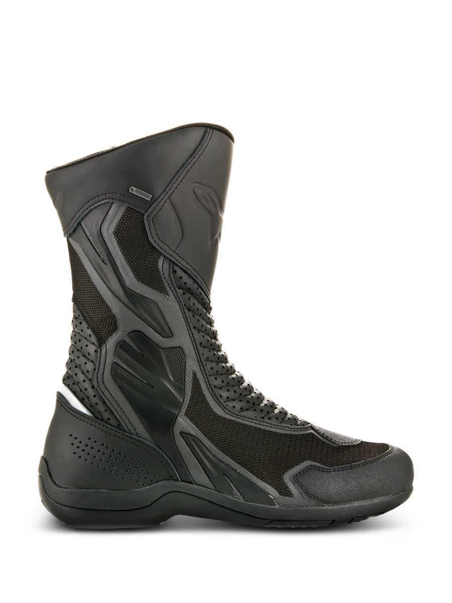 Alpinestars Air Plus V2 GORE-TEX Boots, Black Motorcycle Touring Boots, side view showing ventilated mesh and perforated leather construction, waterproof and breathable design, reinforced protection areas, sturdy rubber sole, GORE-TEX branding detail