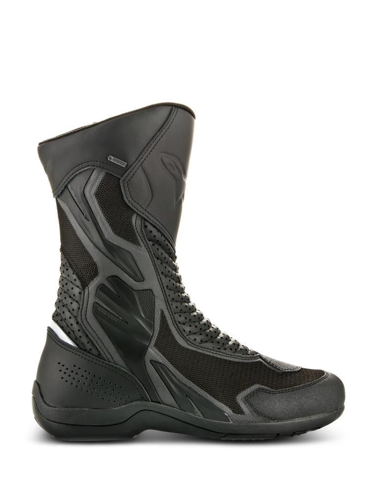 Alpinestars Air Plus V2 GORE-TEX Boots, Black Motorcycle Touring Boots, side view showing ventilated mesh and perforated leather construction, waterproof and breathable design, reinforced protection areas, sturdy rubber sole, GORE-TEX branding detail