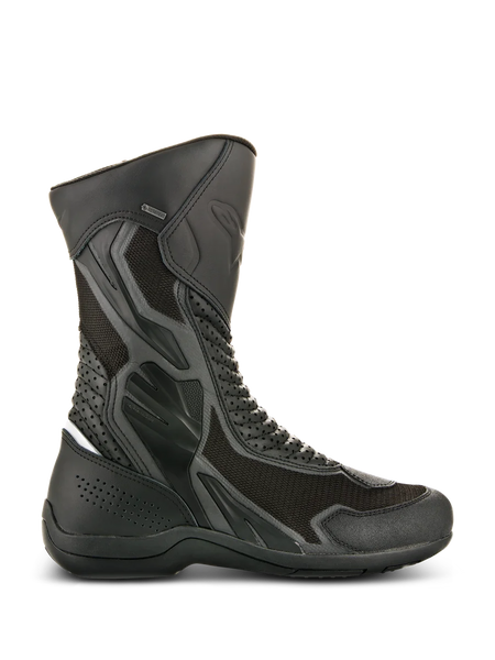 Alpinestars Air Plus V2 GORE-TEX Boots, Black Motorcycle Touring Boots, side view showing ventilated mesh and perforated leather construction, waterproof and breathable design, reinforced protection areas, sturdy rubber sole, GORE-TEX branding detail