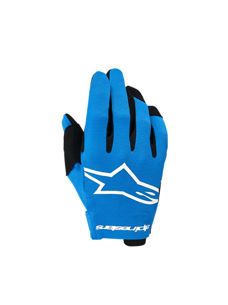 Alpinestars 2026 Youth Radar Gloves, Motocross Gloves, Ucla Blue and Black, featuring a bold white star logo on the backhand, black finger accents, and lightweight stretchable construction for off-road riding