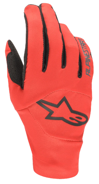 Alpinestars Drop 4.0 Gloves, Red MTB Mountain Biking Gloves, backhand view featuring a large black star logo and brand name, constructed from breathable stretch fabric for enduro performance