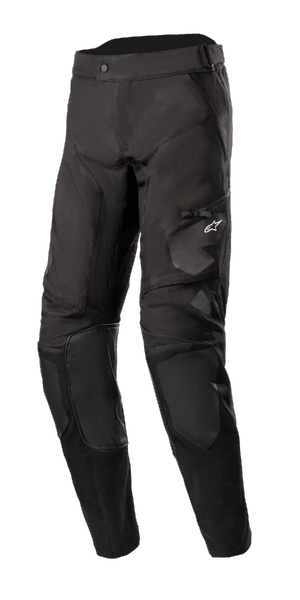 Alpinestars Venture XT Pants In Boot, Black Motorcycle Adventure Touring Pants, featuring reinforced knee panels and a zippered thigh pocket with a small white logo, water-resistant textile construction with ventilation ports, designed for dual-sport and off-road riding