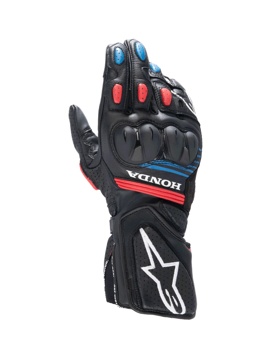 Alpinestars Honda SP-8 V3 Gloves, men's motorcycle sport gloves in black and red with blue accents and knuckle protection.