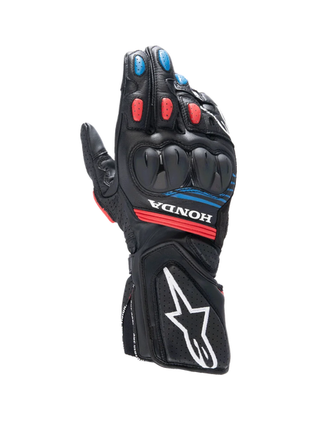 Alpinestars Honda SP-8 V3 Gloves, men's motorcycle sport gloves in black and red with blue accents and knuckle protection.