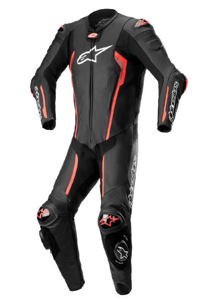Alpinestars Missile V2 1-Piece Leather Suit, Motorcycle Racing Suit, Black and Red, premium leather construction with CE-certified armor, aerodynamic design with knee sliders, reinforced shoulders, elbows and knees, white Alpinestars branding