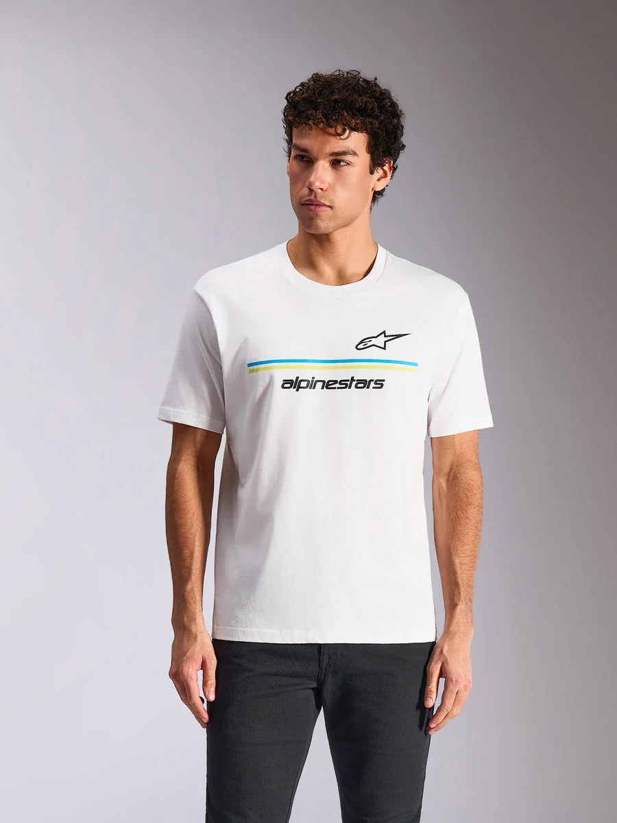 Alpinestars Lanes CSF Tee, Short Sleeve T-Shirt, White, featuring black Astars logo above blue and lime green horizontal stripes and 'alpinestars' text, worn by model, casual motorsport streetwear