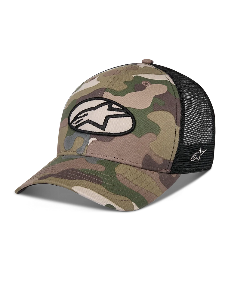 Alpinestars Oblique Camo Trucker Hat, Green Camo and Black, twill camouflage front with black mesh back, front oval Alpinestars logo patch, curved bill, casual motorsport headwear
