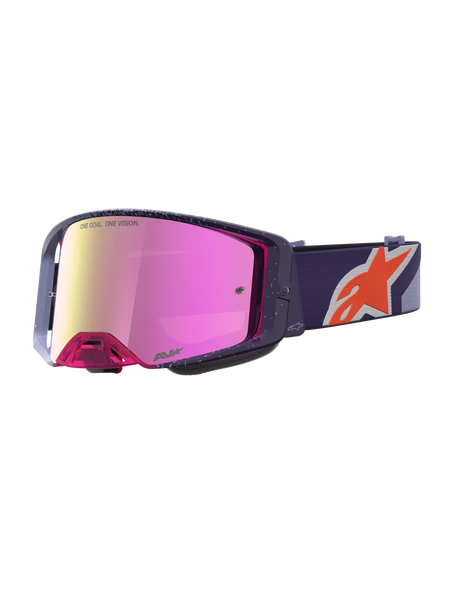 Alpinestars Supertech Hiten Motocross Goggles, Purple frame and strap with Red Mirror Pink lens for off-road racing.
