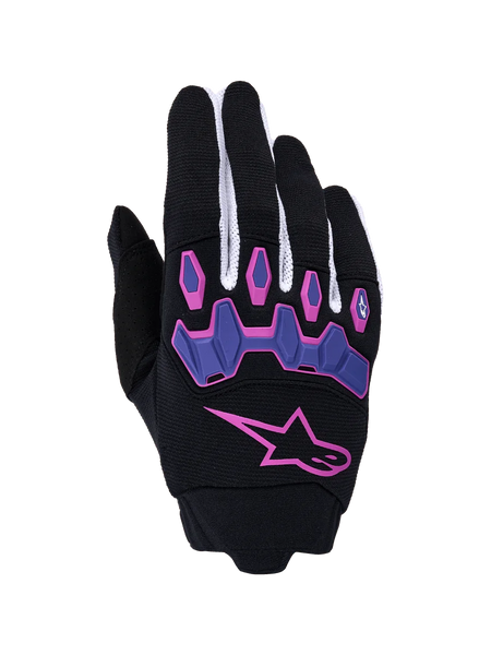 Alpinestars Full Bore V2 Gloves, Motocross Gloves, Black and Purple with Pink accents, featuring a large pink star logo and articulated purple knuckle protectors, white mesh finger panels, off-road performance gear
