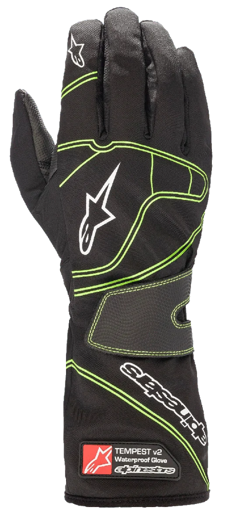 Alpinestars Tempest V2 Waterproof Gloves, Karting Gloves, Black with Fluorescent Green Accents, White Alpinestars Logos, Textured Velcro Wrist Strap, Long Cuff with Branding Tag, Designed for Wet Weather Racing