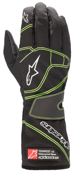 Alpinestars Tempest V2 Waterproof Gloves, Karting Gloves, Black with Fluorescent Green Accents, White Alpinestars Logos, Textured Velcro Wrist Strap, Long Cuff with Branding Tag, Designed for Wet Weather Racing