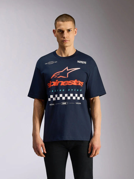 Alpinestars Aplomb Oversized CSF Tee, Short Sleeve T-Shirt, Navy Blue, Large orange and white Astars logo with checkered graphic, oversized casual motorsport-inspired streetwear