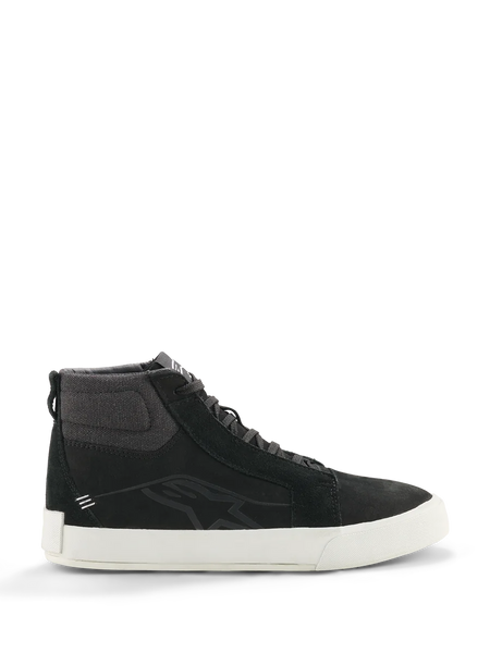 Alpinestars Ride-63 Leather Shoes, Black High-Top Sneakers, Motorcycle Urban Footwear, White Sole, Textured Fabric Ankle Collar, Black Suede Panels, Minimalist Design
