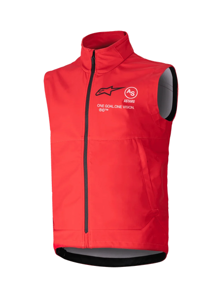Alpinestars Techstar Softshell Vest, Bright Red sleeveless windproof vest, high collar with black front zipper, white and black ASTARS branding with 'ONE GOAL ONE VISION' motto on chest, gray interior lining, sporty design for motocross