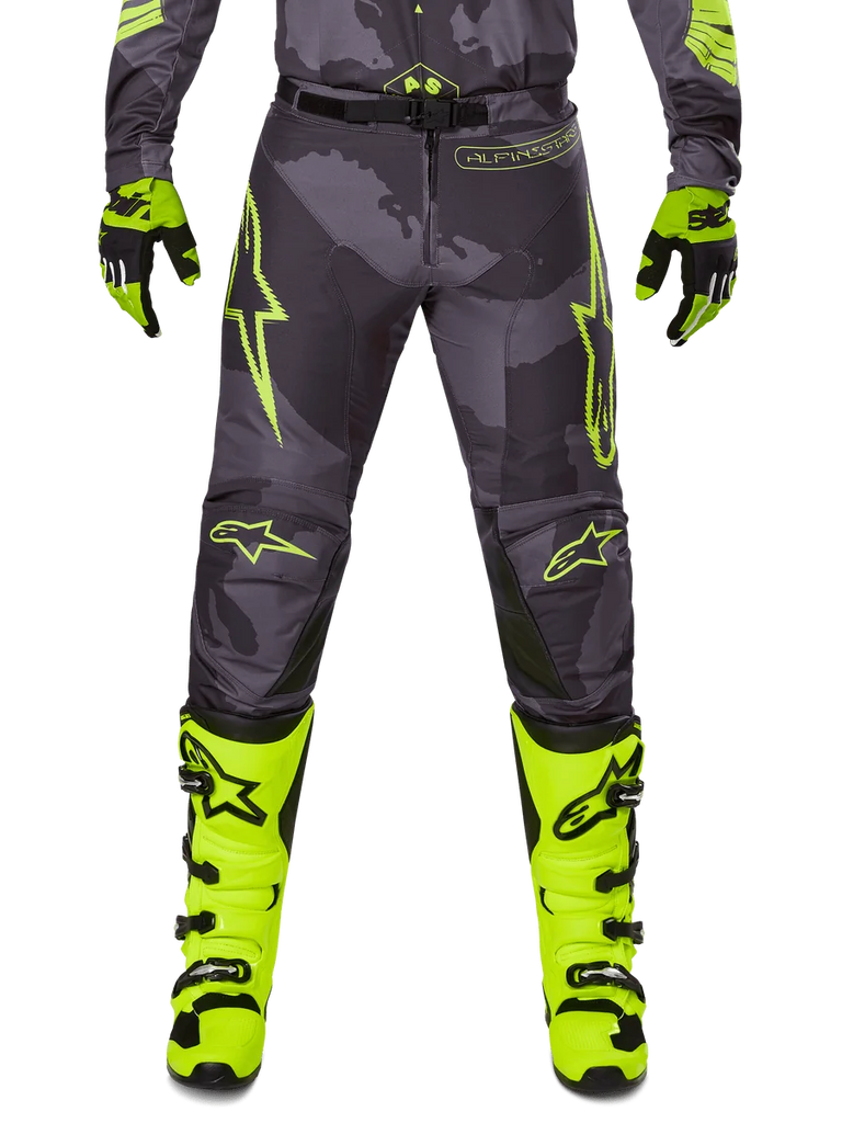 2025 Racer Hollow Pants, Motocross Pants, Gray with Neon Yellow, featuring star logos and text, paired with black and yellow gloves and yellow boots with black buckles, sporty protective design for off-road racing