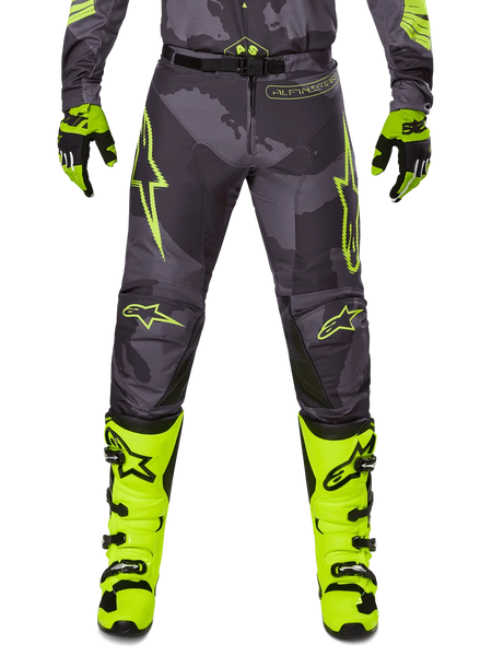 2025 Racer Hollow Pants, Motocross Pants, Gray with Neon Yellow, featuring star logos and text, paired with black and yellow gloves and yellow boots with black buckles, sporty protective design for off-road racing