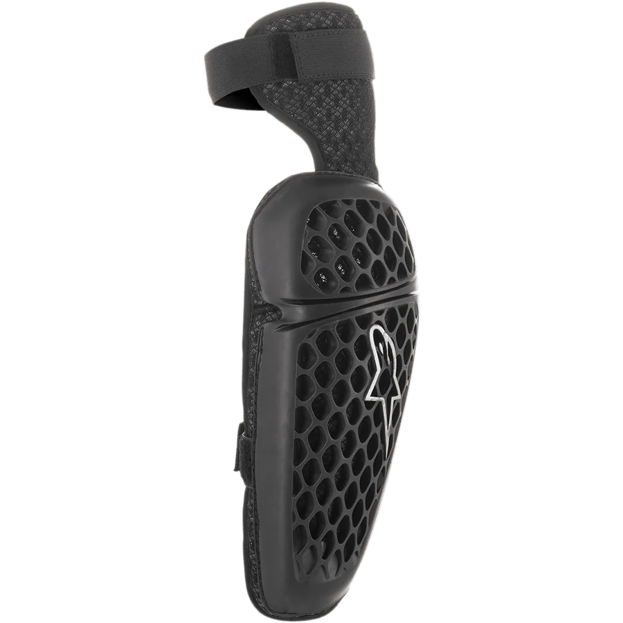 Alpinestars Youth Bionic Plus Elbow Protector, Black, honeycomb pattern outer shell with white Astar logo, dual strap closure system, ergonomic youth motocross and off-road protection
