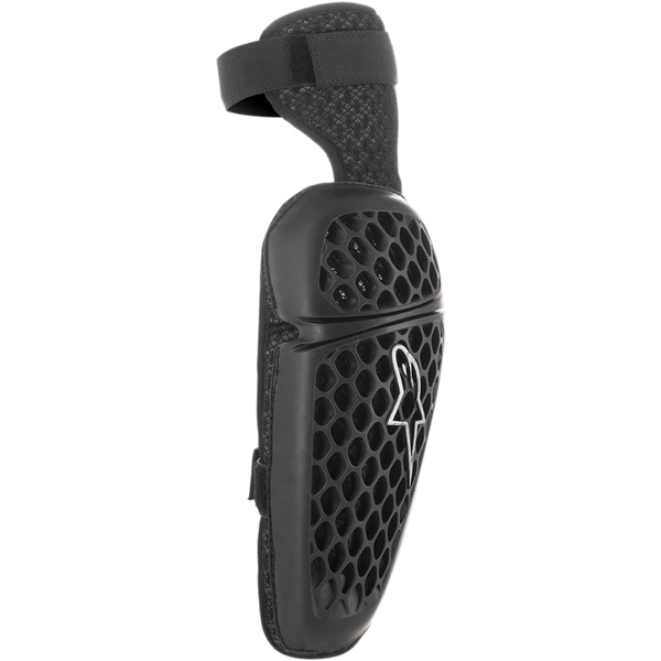 Alpinestars Youth Bionic Plus Elbow Protector, Black, honeycomb pattern outer shell with white Astar logo, dual strap closure system, ergonomic youth motocross and off-road protection